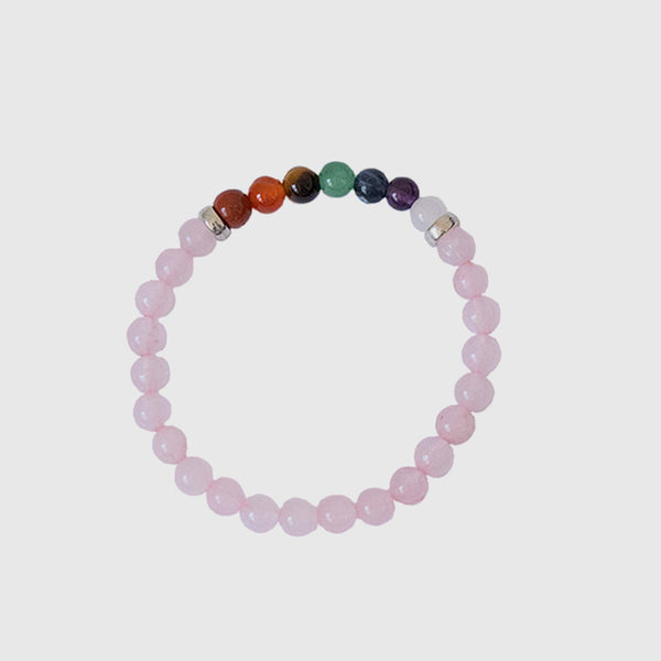 Pulsera Fina de Cuarzo Rosa y 7 Chakras